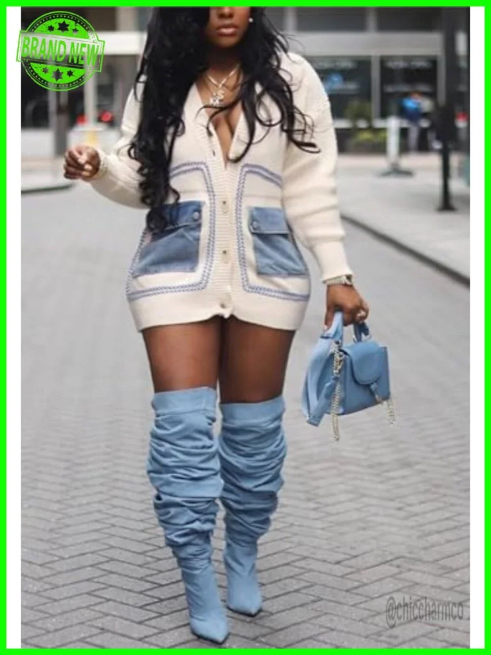 Chunky Knit Cardigan Button Down Sweater Denim Pockets Open Front